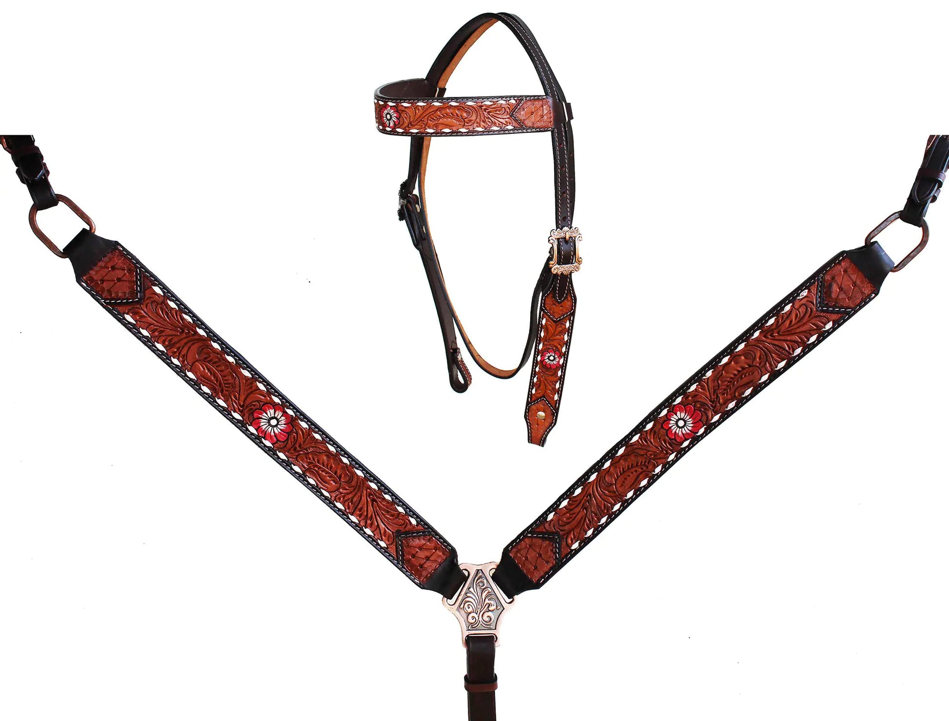 Horse bridle and matching breast collar with intricate hand tooled leather floral designs 