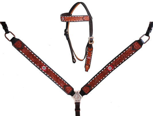Horse bridle and matching breast collar with intricate hand tooled leather floral designs 