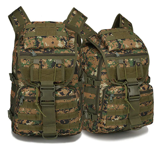 Two camouflage backpacks with multiple pockets and straps on a white background