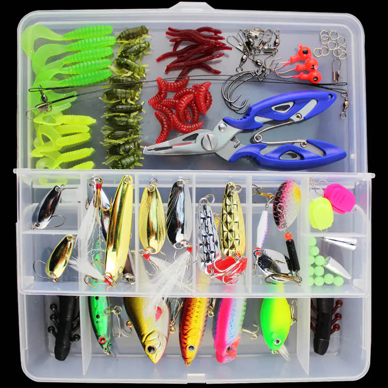 101 piece Fishing lure set in a clear and green box with various types of lures and accessories.
