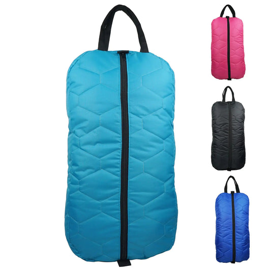 Quilted bridal bag with black zipper and handle, shown in two shades of blue, black,and also pink