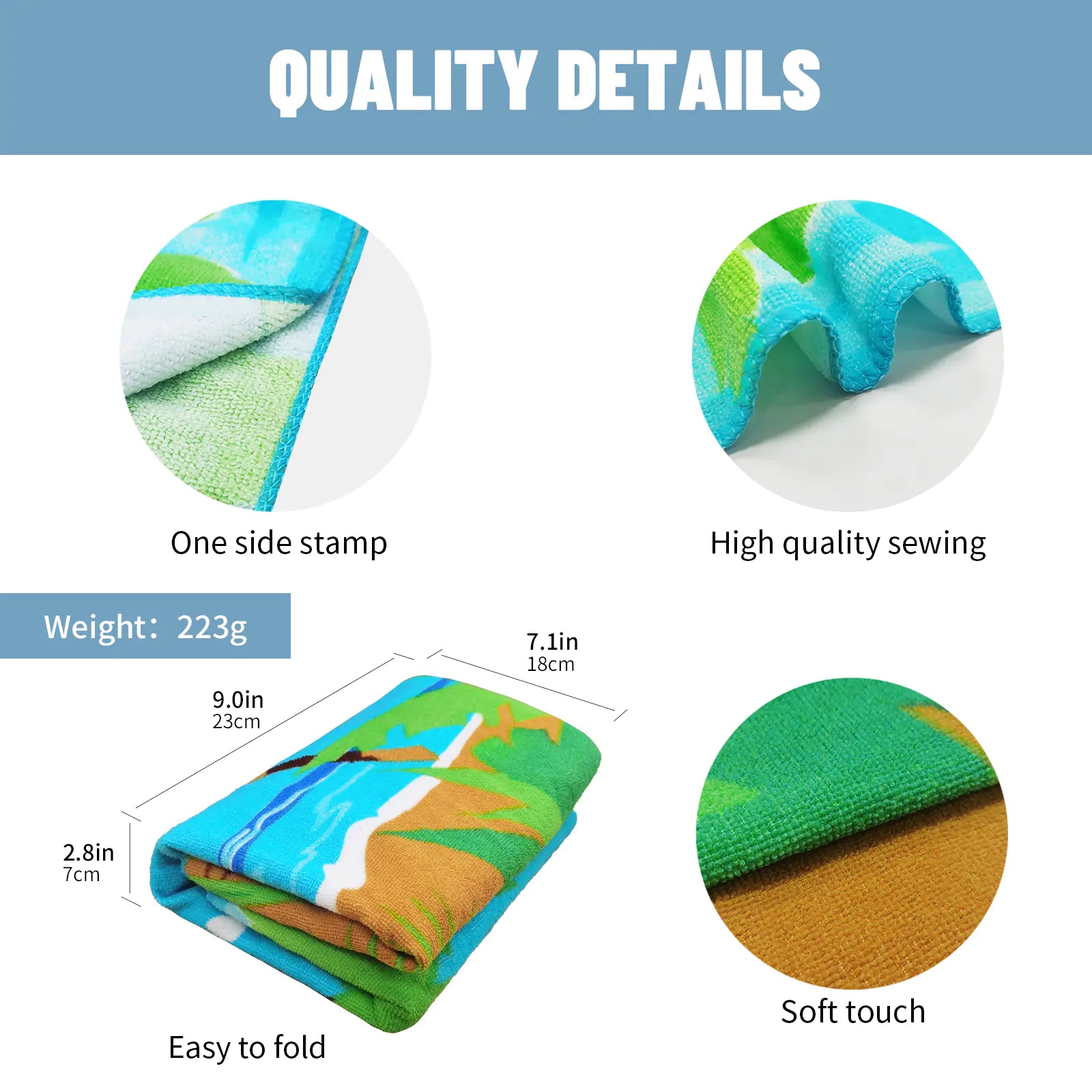 Quality details of a towel with text on a blue background