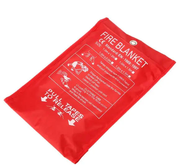 Red fire blanket with instructions on a white background